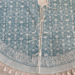 FABRICSG Teal and White Indian Floral Hand Block Printed 100% Pure Cotton Cloth Christmas Tree Skirt With Pom Pom, Farmhouse Outdoor Home Party , Gift for her, gifts