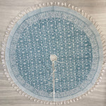 FABRICSG Teal and White Indian Floral Hand Block Printed 100% Pure Cotton Cloth Christmas Tree Skirt With Pom Pom, Farmhouse Outdoor Home Party , Gift for her, gifts