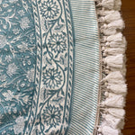 FABRICSG Teal and White Indian Floral Hand Block Printed 100% Pure Cotton Cloth Christmas Tree Skirt With Pom Pom, Farmhouse Outdoor Home Party , Gift for her, gifts