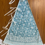 FABRICSG Teal and White Indian Floral Hand Block Printed 100% Pure Cotton Cloth Christmas Tree Skirt With Pom Pom, Farmhouse Outdoor Home Party , Gift for her, gifts