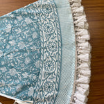 FABRICSG Teal and White Indian Floral Hand Block Printed 100% Pure Cotton Cloth Christmas Tree Skirt With Pom Pom, Farmhouse Outdoor Home Party , Gift for her, gifts