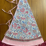 FABRICSG Pigeon Blue, Flamingo Pink Indian Floral Hand Block Printed Cotton Cloth Christmas Tree Skirt with Pom Pom Lace Farmhouse Outdoor Party, Gift for her, gifts