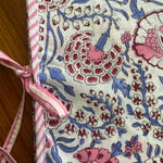 FABRICSG Pigeon Blue, Flamingo Pink Indian Floral Hand Block Printed Cotton Cloth Christmas Tree Skirt with Pom Pom Lace Farmhouse Outdoor Party, Gift for her, gifts