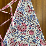 FABRICSG Pigeon Blue, Flamingo Pink Indian Floral Hand Block Printed Cotton Cloth Christmas Tree Skirt with Pom Pom Lace Farmhouse Outdoor Party, Gift for her, gifts