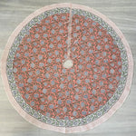 FABRICSG Dark Salmon Pink, Sage Green, Delft Blue Indian Floral Hand Block Printed Cotton Cloth Christmas Tree Skirt Holiday Party Outdoor House, Gift for her, gifts, Valentine's day, Spring, Easter