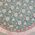 FABRICSG Ice Blue, Kelly Green, Flamingo Pink Indian Floral Hand Block Printed Cotton Cloth Christmas Tree Skirt, Farmhouse Party Holiday Decor, Valentine's day, Spring, Easter