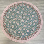FABRICSG Ice Blue, Kelly Green, Flamingo Pink Indian Floral Hand Block Printed Cotton Cloth Christmas Tree Skirt, Farmhouse Party Holiday Decor, Valentine's day, Spring, Easter