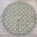 FABRICSG Sage Green and White Indian Floral Hand Block Printed Pure Cotton Cloth Christmas Tree Skirt with Border, Holiday Farmhouse Christmas, Gift for her, gifts