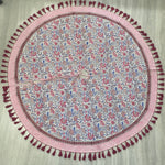 FABRICSG Pigeon Blue, Flamingo Pink Indian Floral Hand Block Printed Cotton Cloth Christmas Tree Skirt with Pom Pom Lace Farmhouse Outdoor Party, Gift for her, gifts