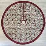 FABRICSG Garnet Red, Emerald and Moss Green Cherry Print Indian Floral Hand Block Printed Cotton Cloth Christmas Tree Skirt, Holiday Decor, Home, Gift for her, Valentine's day, Spring, Easter