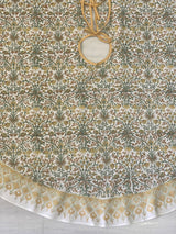 FABRICSG Goldenrod Yellow, Fern Green, Peanut Brown Indian Floral Hand Block Printed Cotton Cloth Tree Skirt, Gift for her, Valentine's day, Spring, Easter