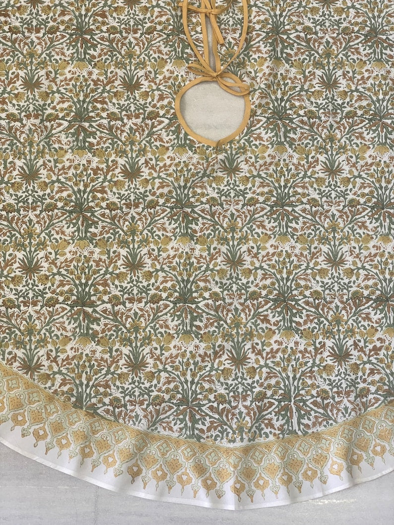 FABRICSG Goldenrod Yellow, Fern Green, Peanut Brown Indian Floral Hand Block Printed Cotton Cloth Tree Skirt, Gift for her, Valentine's day, Spring, Easter