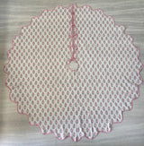 FABRICSG Indian Floral Hand Block Printed Piping Scallops Cotton Cloth Christmas Tree Skirt, Farmhouse Outdoor Home House Christmas Decor Unique