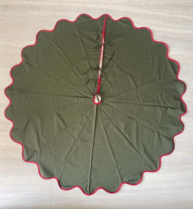FABRICSG Indian Floral Hand Block Printed Piping Scallops Cotton Cloth Christmas Tree Skirt, Farmhouse Outdoor Home House Christmas Decor Unique