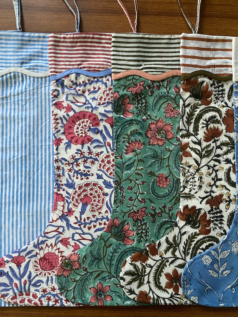 FABRICSG Mix Bag of Indian Floral Hand Block Printed Cotton Cloth Christmas Stocking, Christmas Decor, Handmade Decor, BOHO, , Gift for her, gifts