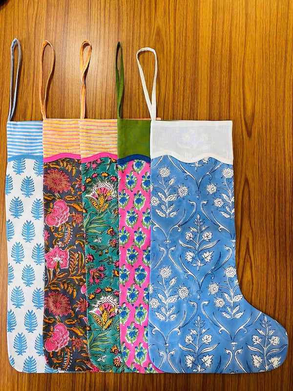 FABRICSG Mix Bag of Indian Floral Hand Block Printed Cotton Cloth Christmas Stocking, Christmas Decor, Handmade Decor, BOHO, , Gift for her, gifts