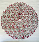 FABRICSG Indian Floral Hand Block Printed Piping Scallops Cotton Cloth Christmas Tree Skirt, Farmhouse Outdoor Home House Christmas Decor Unique