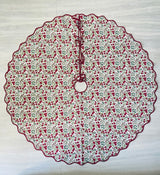 FABRICSG Indian Floral Hand Block Printed Piping Scallops Cotton Cloth Christmas Tree Skirt, Farmhouse Outdoor Home House Christmas Decor Unique
