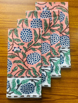 Dark Salmon Pink Floral Indian Hand Block Print Cotton Border Napkins Size 20x20"