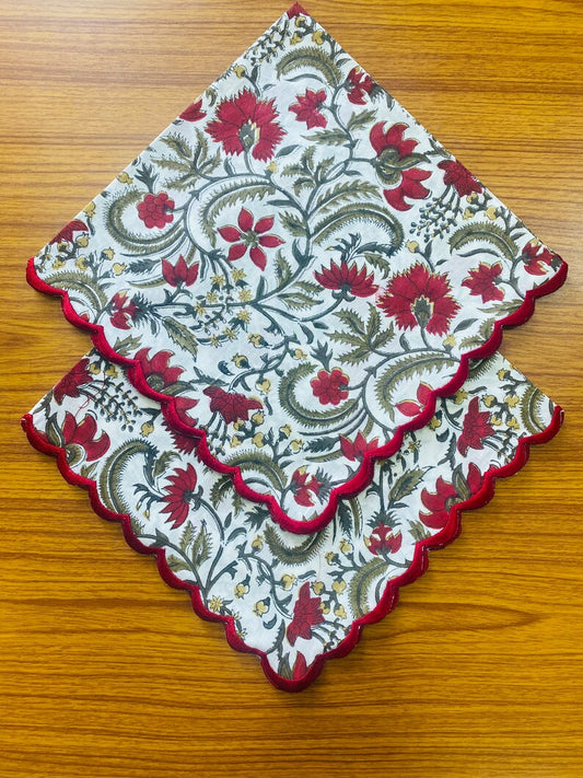 Prune Red, Army Green Scallop Embroidery Napkins