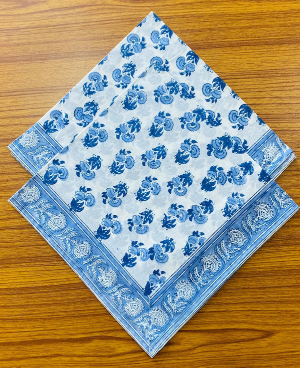 Blue Indian Floral Hand Block Printed Cotton Cloth Border Napkins Size - 20"x20"