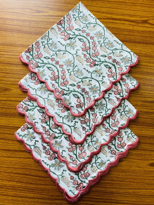 Coral Pink and Hunter Green Scallop Embroidery Napkins