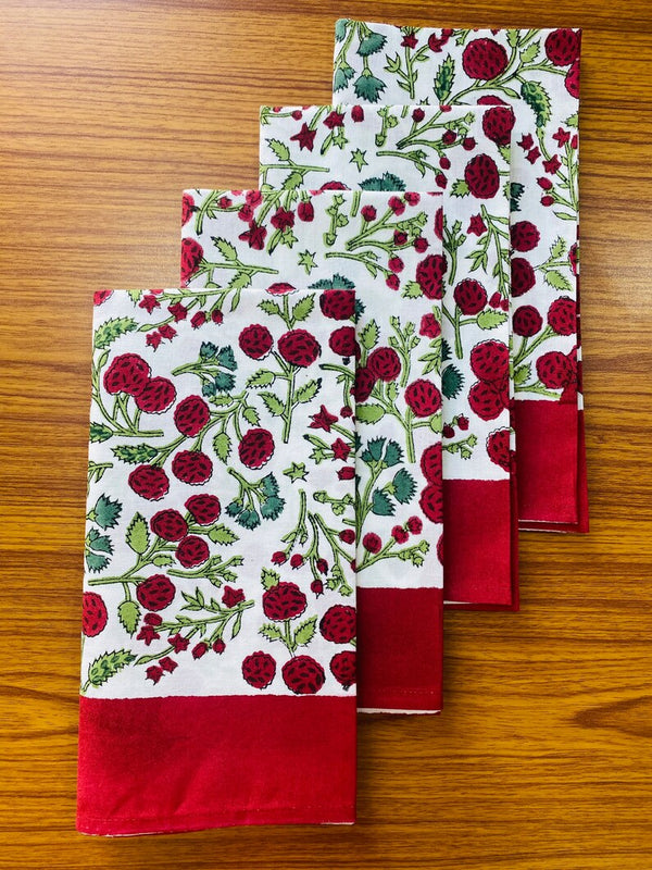 Garnet Red, Emerald Green Indian Floral Hand Block Printed Cotton Cloth Border Napkins Size 20x20"