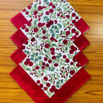 Garnet Red, Emerald Green Indian Floral Hand Block Printed Cotton Cloth Border Napkins Size 20x20"