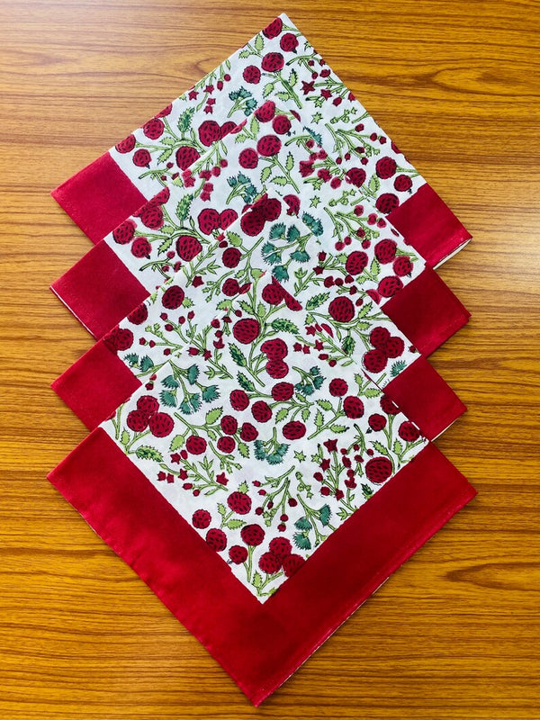 Garnet Red, Emerald Green Indian Floral Hand Block Printed Cotton Cloth Border Napkins Size 20x20"