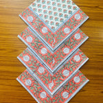 Orange and Green Indian Floral Hand Block Printed Cotton Border Napkins Size 20x20"