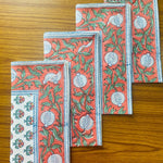 Orange and Green Indian Floral Hand Block Printed Cotton Border Napkins Size 20x20"