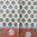 Orange and Green Indian Floral Hand Block Printed Cotton Border Napkins Size 20x20"