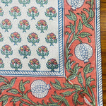 Orange and Green Indian Floral Hand Block Printed Cotton Border Napkins Size 20x20"