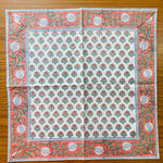 Orange and Green Indian Floral Hand Block Printed Cotton Border Napkins Size 20x20"