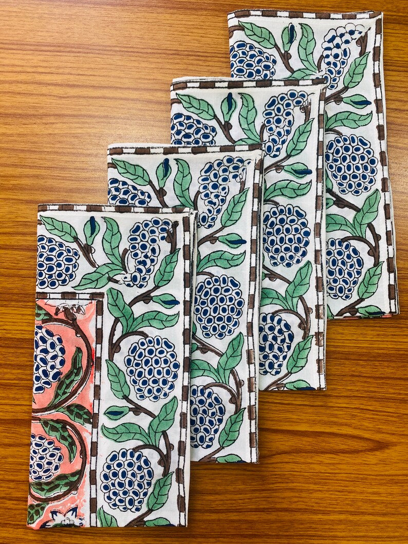 Dark Salmon Pink Floral Indian Hand Block Print Cotton Border Napkins Size 20x20"
