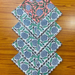 Dark Salmon Pink Floral Indian Hand Block Print Cotton Border Napkins Size 20x20"