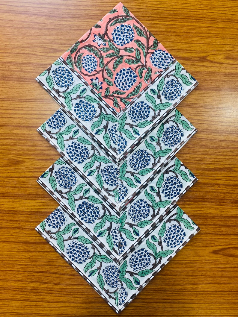 Dark Salmon Pink Floral Indian Hand Block Print Cotton Border Napkins Size 20x20"