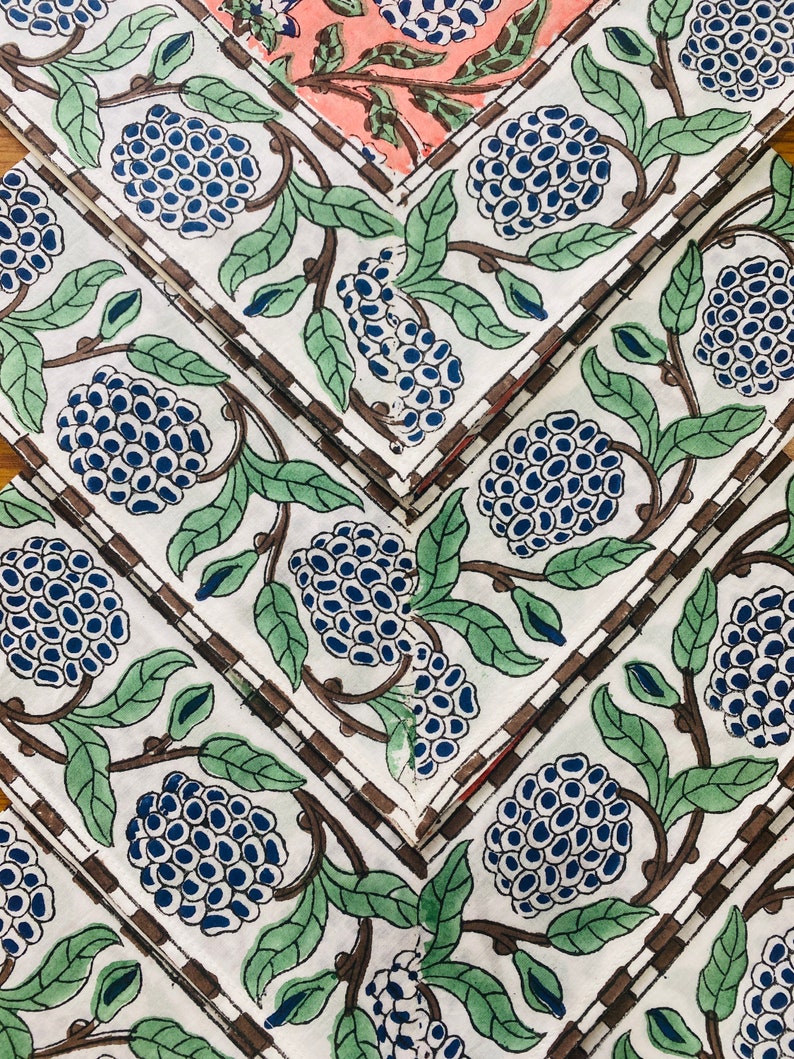 Dark Salmon Pink Floral Indian Hand Block Print Cotton Border Napkins Size 20x20"