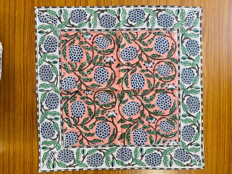Dark Salmon Pink Floral Indian Hand Block Print Cotton Border Napkins Size 20x20"