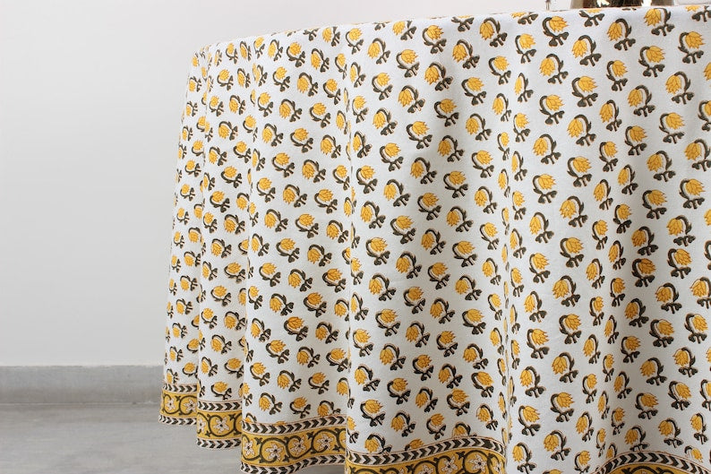 Vintage Yellow Drip Flower Round Tablecloth