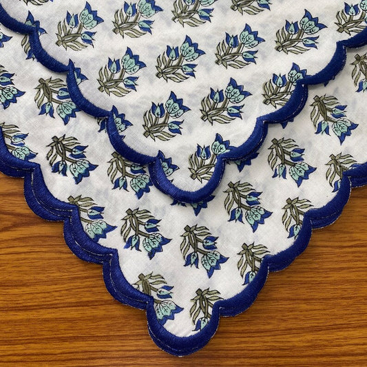 Dark Sky and Adriatic Blue Scallop Embroidery Napkins
