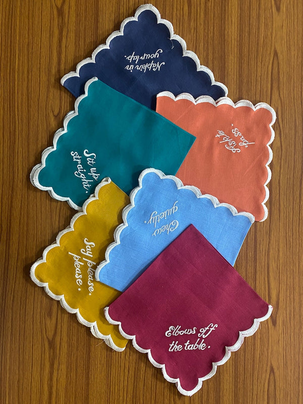 Mix and Match Linen Napkins with Embroidery Scallops and Quotes