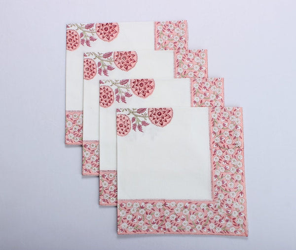 Salmon Pink Indian Floral Hand Block Printed Cotton Border Napkins, Size 20x20"