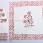 Salmon Pink Indian Floral Hand Block Printed Cotton Border Napkins, Size 20x20"