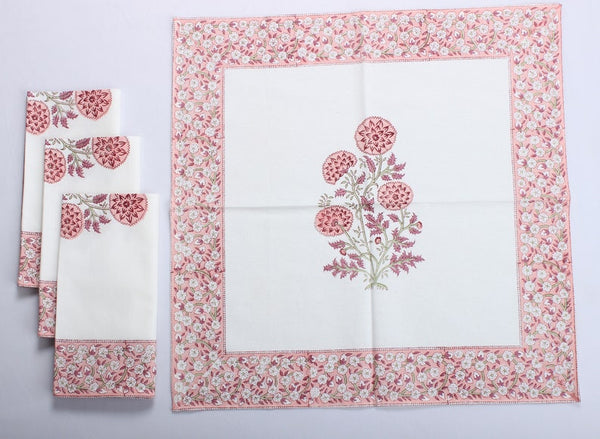 Salmon Pink Indian Floral Hand Block Printed Cotton Border Napkins, Size 20x20"