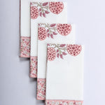 Salmon Pink Indian Floral Hand Block Printed Cotton Border Napkins, Size 20x20"