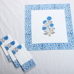 Dodger Blue Indian Floral Hand Block Printed Cotton Border Napkins, Size 20x20"