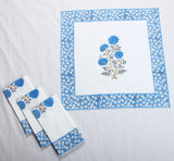 Dodger Blue Indian Floral Hand Block Printed Cotton Border Napkins, Size 20x20"