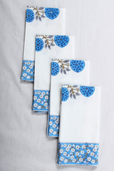 Dodger Blue Indian Floral Hand Block Printed Cotton Border Napkins, Size 20x20"