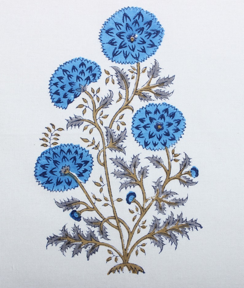 Dodger Blue Indian Floral Hand Block Printed Cotton Border Napkins, Size 20x20"